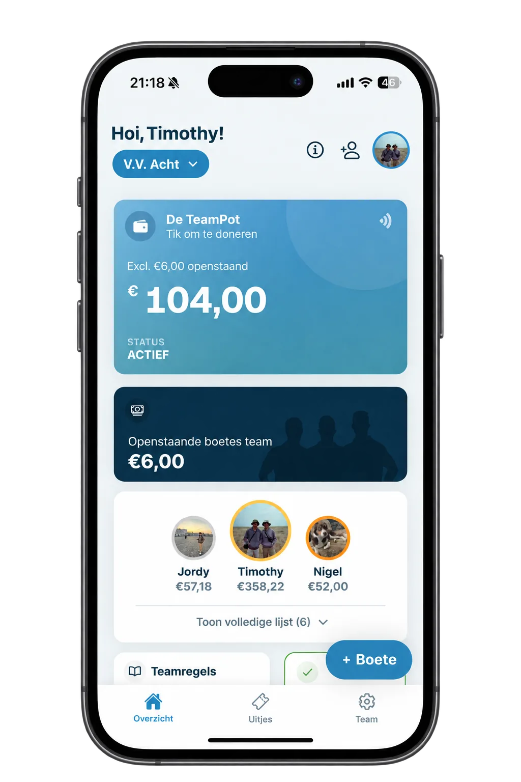 Het overzichtsscherm van de TeamPot-app met de live stand van de pot